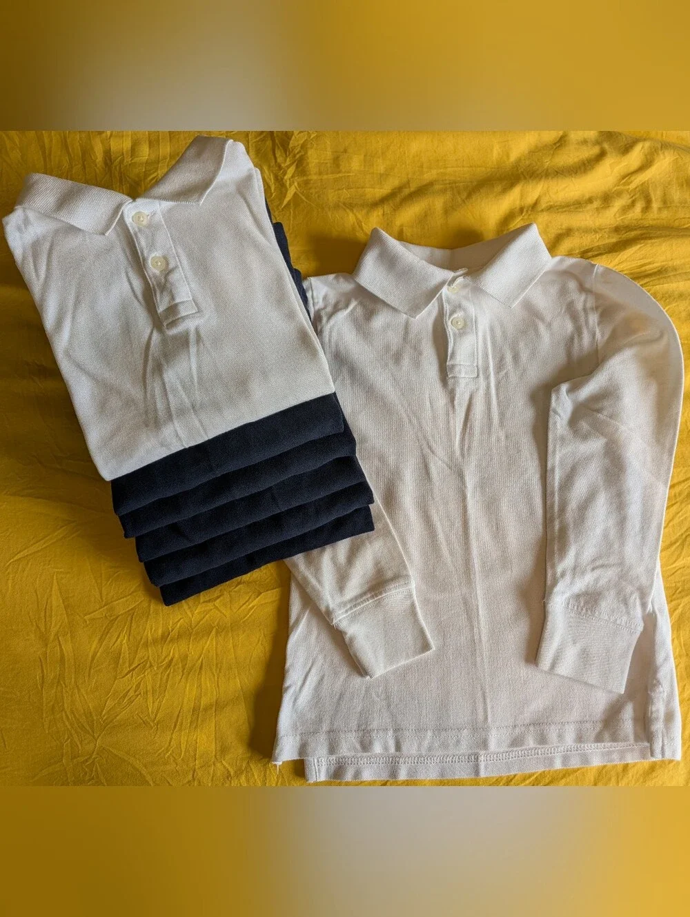 7️⃣ Children's Place Navy & White Long-Sleeve Pique Uniform Polos; Size: S 5 / 6